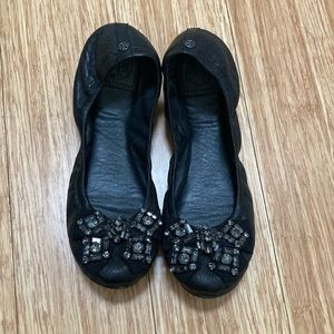Tory Burch Azalea Bejeweled Black Ballet Flat Size 10